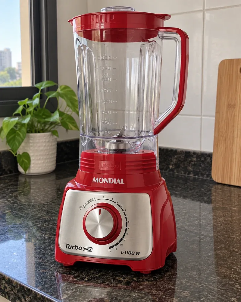 O Mondial L-1100 RI vermelho, de painel inox, perto da janela numa bancada escura