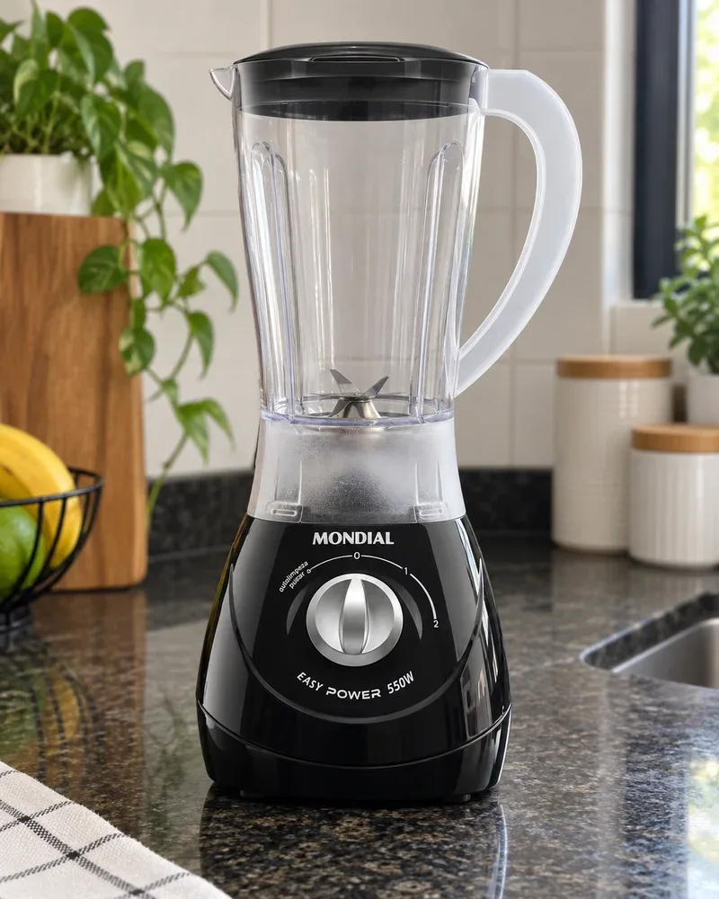 O Mondial L-550-B preto numa bancada de granito escuro, com o copo vazio e um pano xadrez na frente