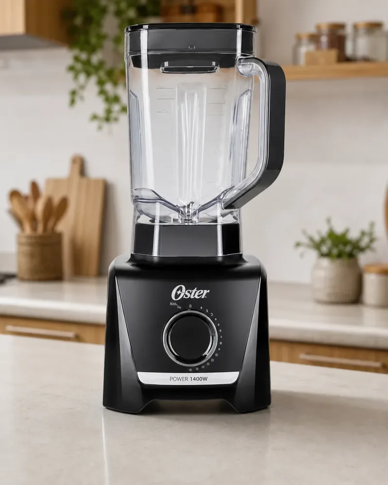 O Oster 1400 Full preto numa bancada clara, com potes e colheres de pau ao fundo