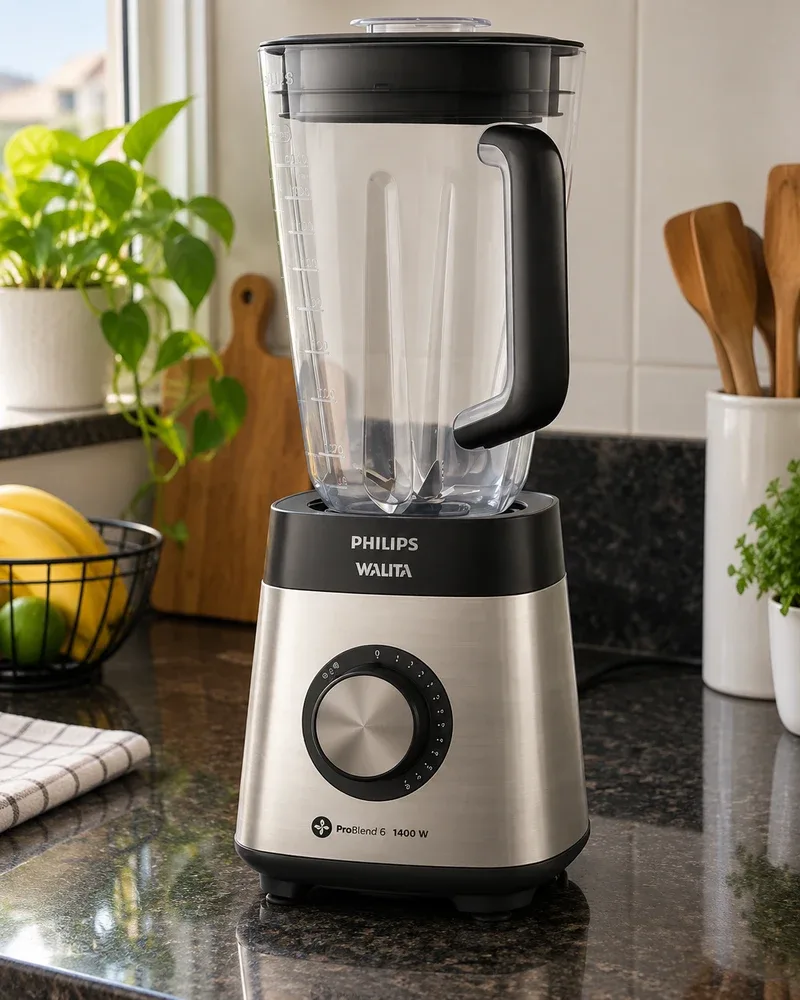 O Walita RI2244 de inox escovado na bancada, com bananas e uma tábua de madeira ao lado