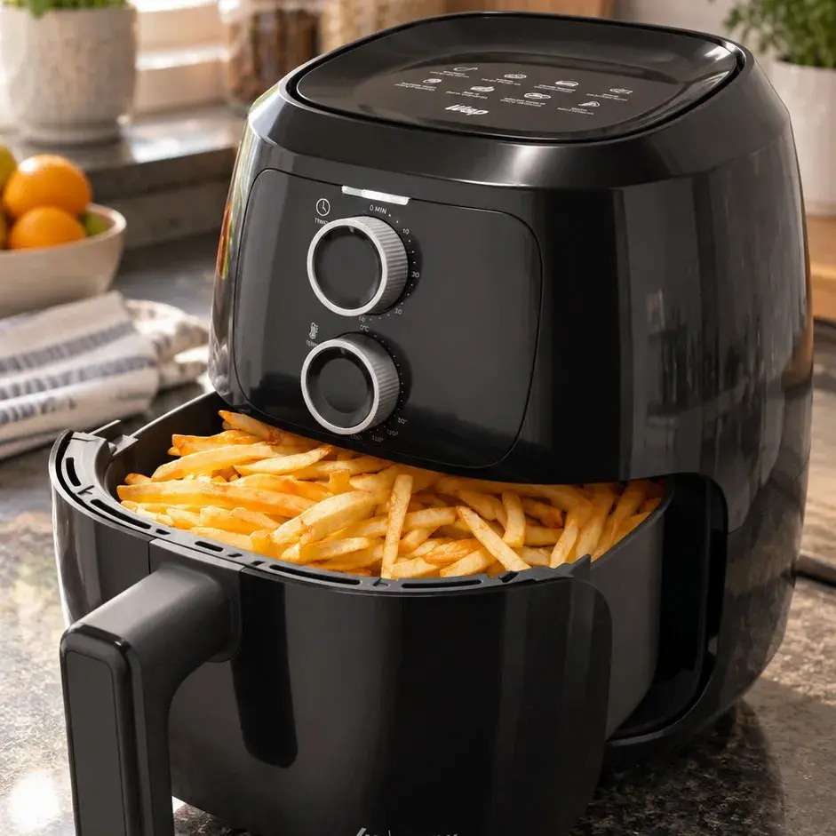 A WAP WAFF2-P com a gaveta puxada e batata frita pronta dentro